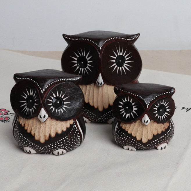 발리 세가족 목각 부엉이(3p_브라운) 장식소품 풍수인테리어소품 나무인형