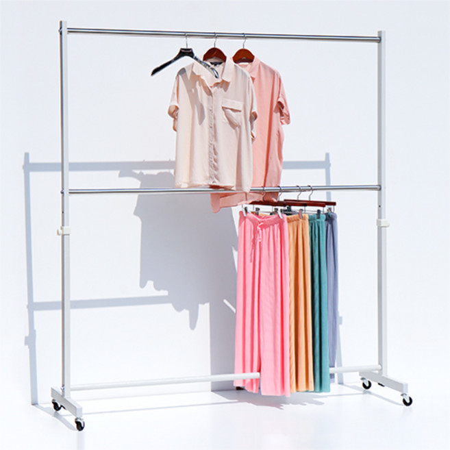 지엔 대형 옷가게 매장용 높은 복층 헹거 코트 원피스 와이드 철제 스탠드 옷걸이 바퀴달린 이동식 2단행거, 180행거, 블랙