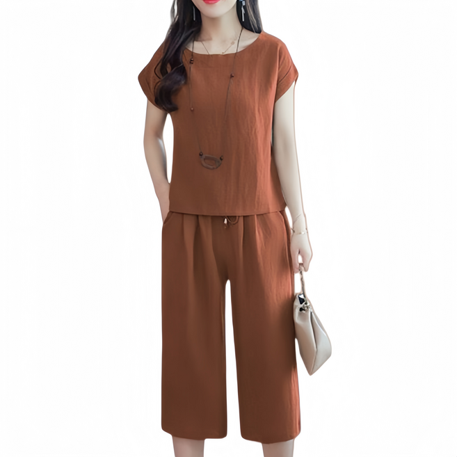 Makone 여성 린넨 캐주얼 상하의 세트 여름 엄마옷 여름옷 패션 반팔 반바지 투피스 외출복 솔리드 무지