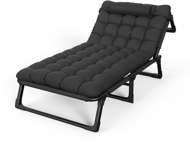 午睡摺疊躺椅 75公分加寬床面 四檔調節, 加寬75cm方管三折床黑色＋棉墊四檔