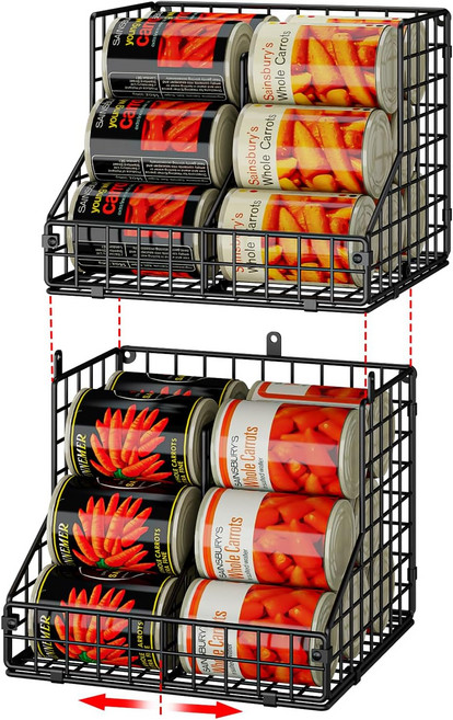 식료품 저장실용 스태커블 캔 정리함 조절 가능한 칸막이 2개 소다 보관 디스펜서 최대 28캔 2단 금속 와이어 바구니 주방 캐비닛 홀더 블랙, S-(2 pack)