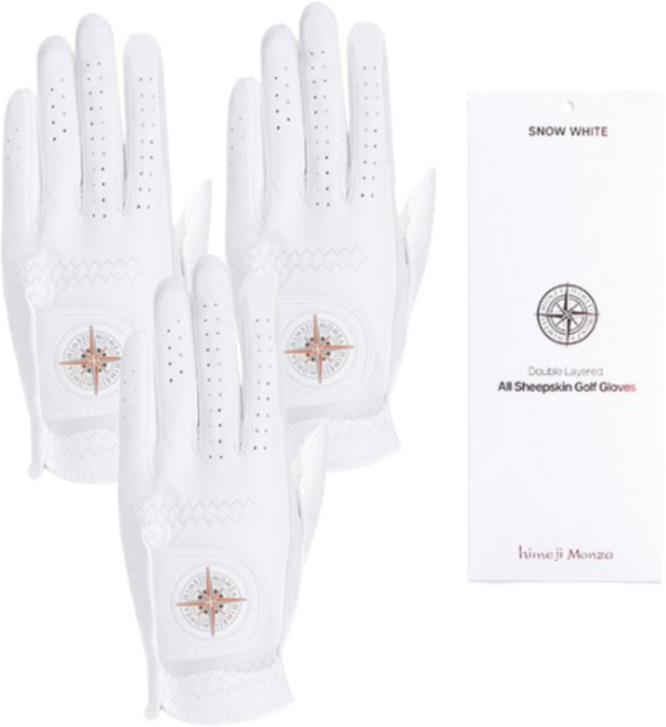 [3장] 히메지몬자 시그니처 이중덧댐 천연 올양피 골프장갑 남성 왼손 여성 양손, 3개, C36301 화이트 남