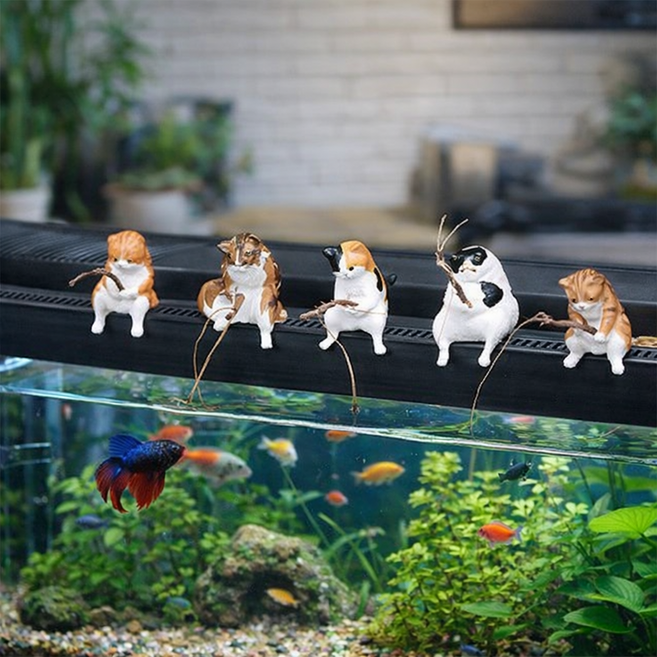 Stern 귀여운 낚시하는 고양이 피규어 세트 어항 모형 장식 수조 꾸미기 미니어처 인테리어소품 7종, 1세트