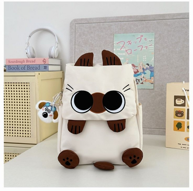 暹羅貓造型卡通雙肩包 日系休閒大容量書包, 1個, 白色小號單包