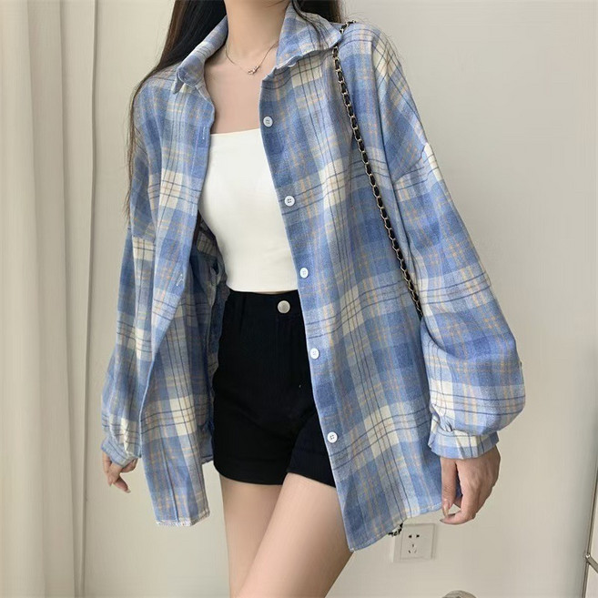 復古格紋長袖襯衫 女裝 上衣
