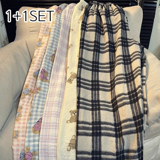 [1+1할인] 지지미천 파자마 긴바지 팬츠 - 후들후들 잠옷바지 가족 친구 여행 집들이 집순이 집돌이 곰돌이 체크 핑크 블루