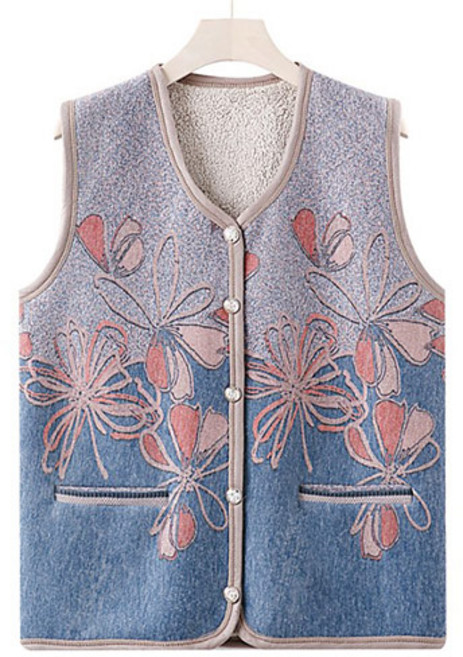 사사로이 여성 조끼 베스트 뽀글이 양털안감 큰 꽃무늬 빅사이즈 루즈핏 투톤컬러 그라데이션 할머니 엄마 조끼