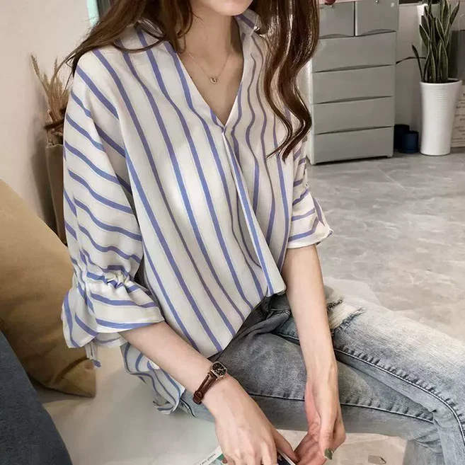 MINA STYLE 여성 여름 스트라이프 루즈핏 브이넥 반팔 블라우스 셔츠