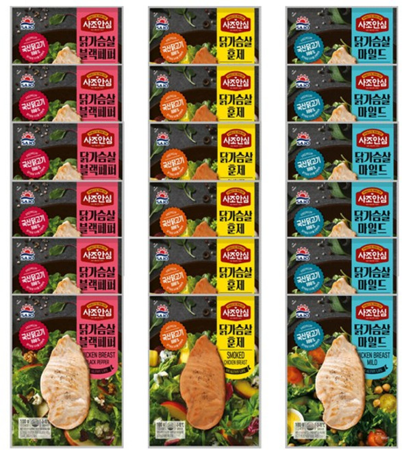 대림 사조안심 닭가슴살 훈제6 + 블랙페퍼6 + 오리지널6, 100g, 18개