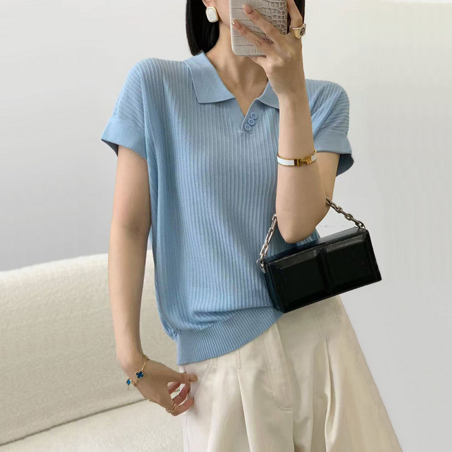 뚜니와또니 여성 텐셀 소재 카라넥 반팔 티셔츠 루즈핏 아이스 실크 여름 상의