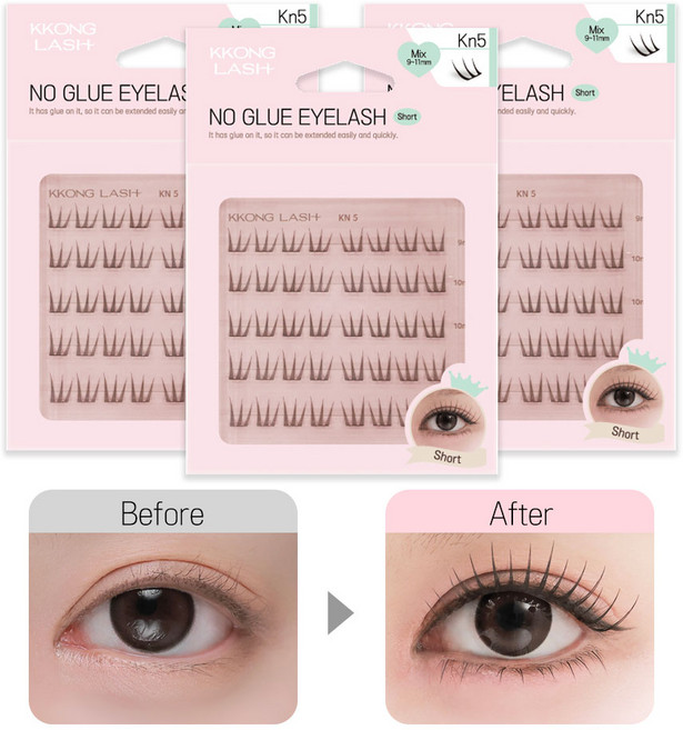 꽁래쉬 노글루 속눈썹 kn5(포핀) 3초 아이돌 메이크업 완성, 4개, 롱 11~14mm