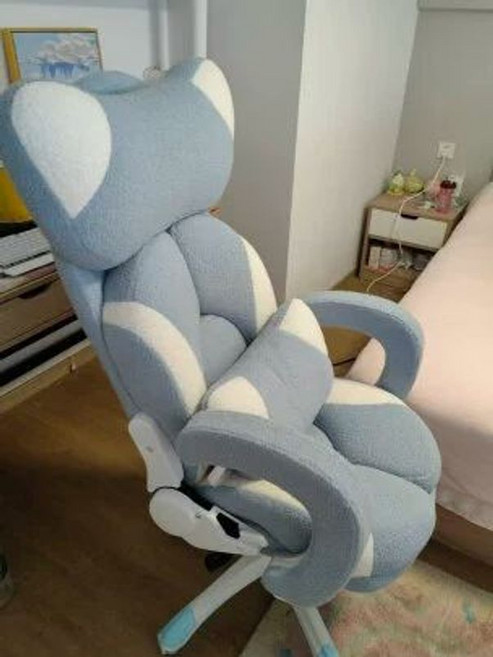 BJ 손봄향의자 사무실 게이밍, 나일론 발, 고정 팔걸이, 발받침 포함 플러시 원단 블루