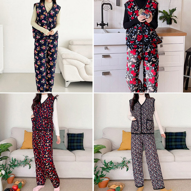 폴앤폴 촌캉스 꽃무늬 조끼 바지 누빔 김장조끼 시골 할머니 할매 캠핑