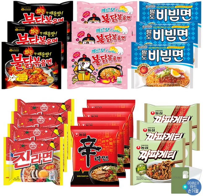 더블비 봉지라면 6종 20개입 (불닭볶음면 3개+까르보 불닭볶음면 3개+팔도비빔면 3개+짜파게티 3개+신라면 4개+진라면 매운맛 4개)+더블비카드거울, 2세트