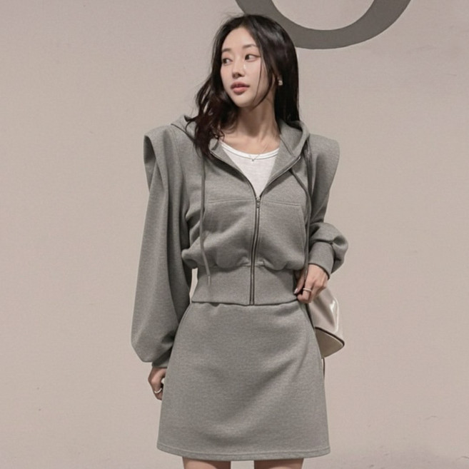 떳다그녀 플로잉 퍼프 후드집업 치마 트레이닝 투피스 봄 꾸안꾸 어깨 핀턱 속바지 미니스커트 세트