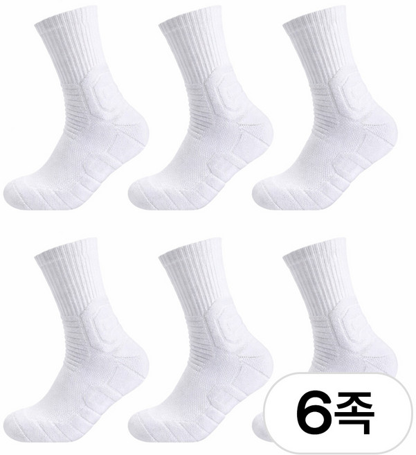 이지몰 고급 스포츠 중목 양말 6켤레 세트 쿠션 런닝 헬스 테니스, 1세트, 화이트 6장