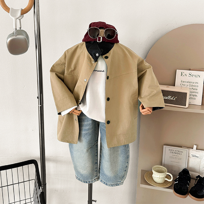 레더배색트렌치 키즈 유아동 봄가을 간절기 아우터 면 자켓 체크안감