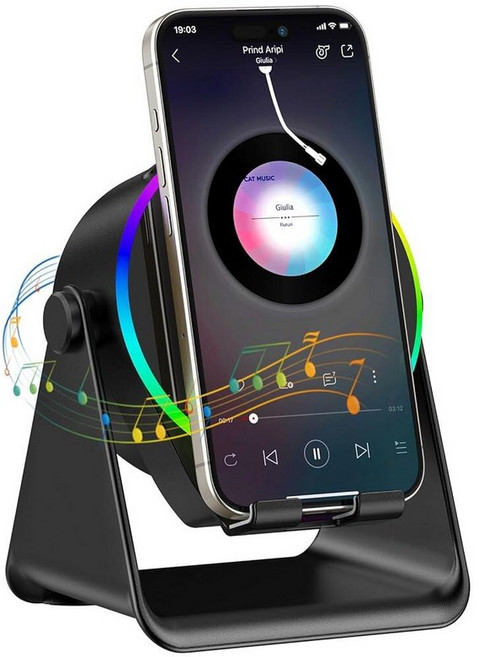 타르카리 무선 인덕션 스피커 5 in 1 블루투스 360° 회전 휴대폰 스탠드 주변 조명 iPhone iPad Android 태블릿과 호환 여성 남성을 위한 생일 선물, Round - Black