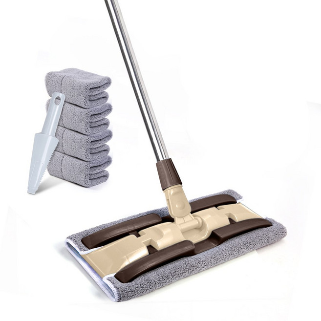 CozyTemp 집게형 청소밀대걸레 다용도 회전 막대걸레 극세사걸레 4매 밀대 세트 브라운, 1세트