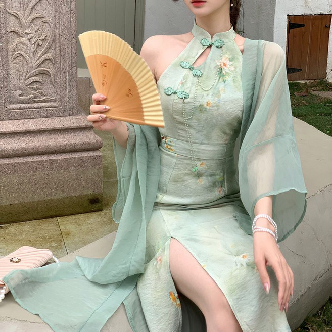 Mimo dk 改良旗袍連衣裙 綠色 禪意 國風, 1個, 綠色兩件套 無配飾XL 【建議115-130斤】