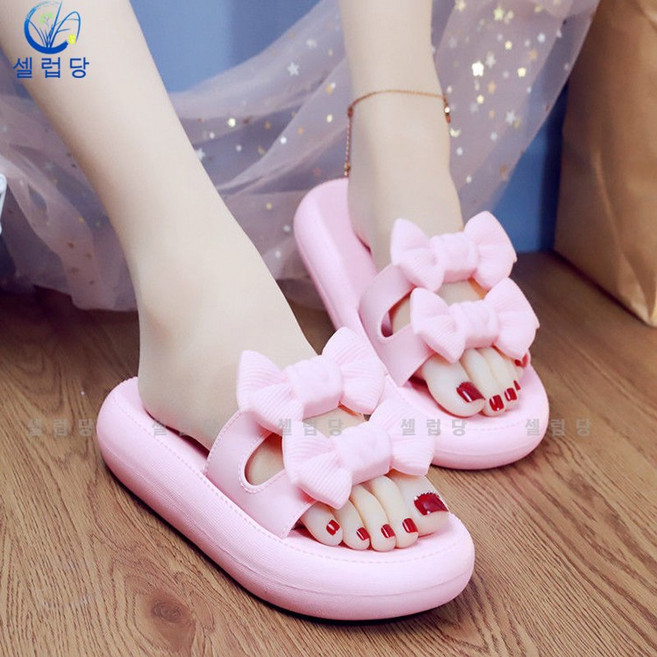 셀럽당 러블리 리본 통굽 샌들 여외 여름 실내 미끄럼 방지 욕실 비치 슬리퍼 착용