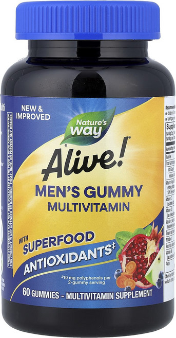 단백질 비타민 철분 마그내슘 칼슘 Nature's Way Alive!® 남성용 구미젤리 종합비타민 과일 맛 구미젤리 60개 고루고루섭취해주세요, 1개