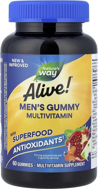 단백질 비타민 철분 마그내슘 칼슘 Nature's Way Alive!® 남성용 구미젤리 종합비타민 과일 맛 구미젤리 60개 고루고루섭취해주세요, 1개 - 쿠팡