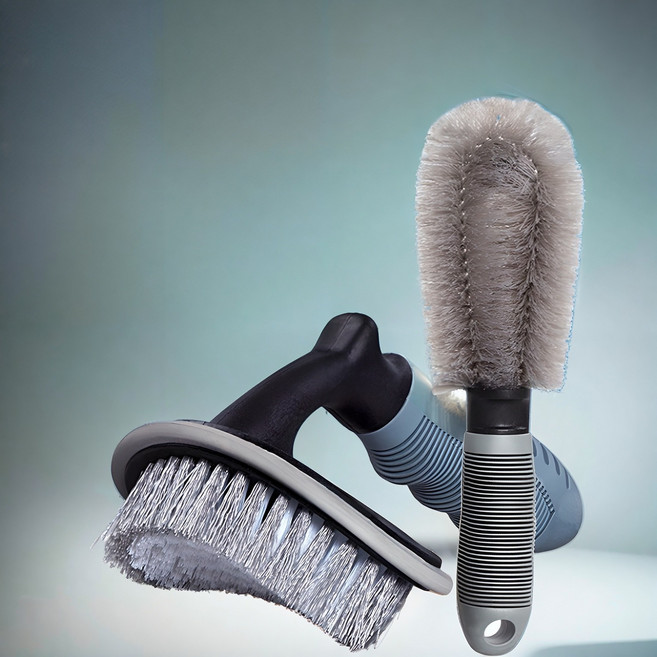 [2종 세트] 차량 타이어 & 휠 클리닝 브러쉬 - 곡면 디자인 미세 틈새 청소 다용도 (자동차 세차 용품), 2개, 회색