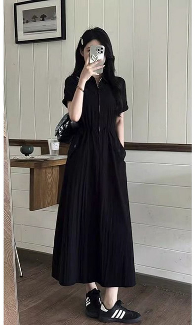 ANYOU 여름 포켓 웨어 원피스 여성 슬림핏 허리조임 디자인 셔츠 원피스