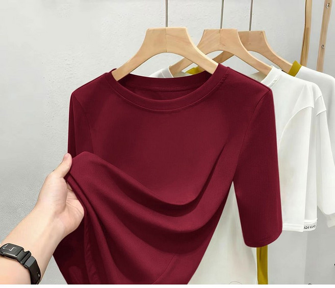 중년 여성 반팔 티셔츠 봄 여름 엄마옷 캐주얼 솔리드 라운드넥 티셔츠 슬림핏 여자 5부 소매 상의 WMY