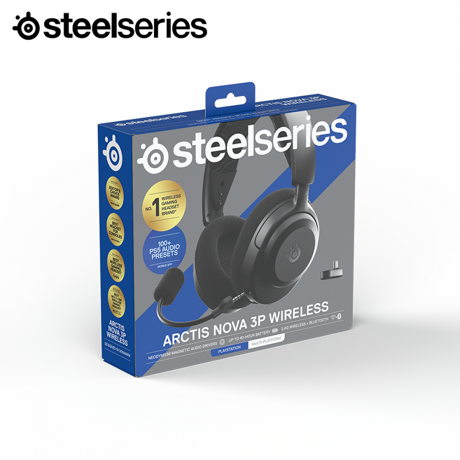 스틸시리즈 Arctis Nova 3PW 무선 게이밍 헤드셋 [Black or White or Aqua or Lavender], 블랙, ST-61686