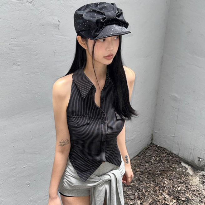 드리뮤즈 여성모자 큐빅 스팽글 왕리본 마도로스 헌팅캡 모자