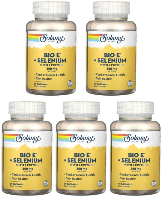 Solaray Bio E + Selenium with Lecithin 솔라레이 바이오 E + 레시틴 함유 셀레늄 소프트젤 60정, 5개 - 쿠팡