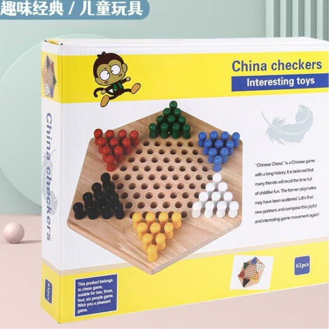 MUWAN 益智木製六角星跳棋 兒童桌遊, 1個, 彩盒