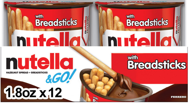 누텔라 & GO! 코코아 + 브레드 스틱이 포함된 초콜릿 헤 Nutella & GO! Chocolate Hazelnut Spread with Cocoa + Breadsticks, 12개, 51.03g