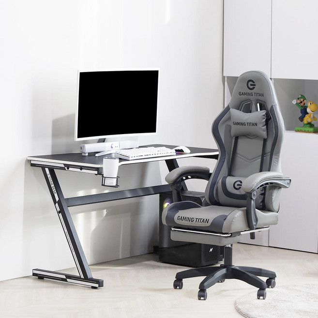 일루일루 Z-타이탄 시리즈 게이밍 체어+게이밍 데스크 세트상품 발받침O 라이트G-지타이탄 홈PC방, 블랙블랙+그레이(발받침O)