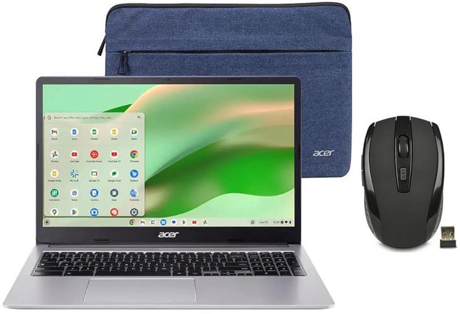 Acer 크롬북 15.6인치 풀 HD 노트북 | 인텔 셀러론 N4500 통합 UHD 그래픽 보호 슬리브 실버 4GB RAM 64GB SSD 크롬 OS 무선 마우스 번들