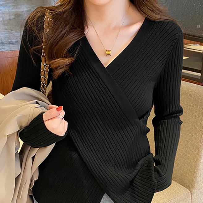 로렌미 크로스 브이넥 랩 골지 니트 S250806FW-14