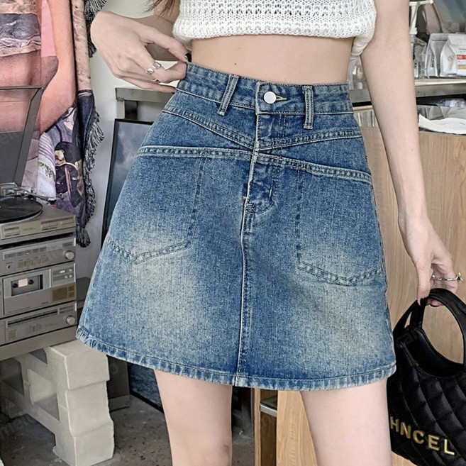 cammello 여성 캠퍼스무드 A라인 데님 미니스커트 하이웨이스트 봄여름 청치마