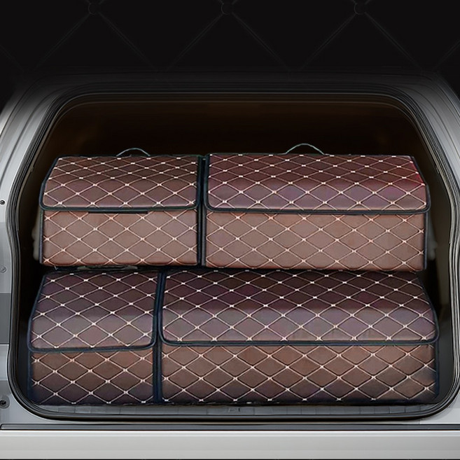 애플민트 다용도 자동차 차량용 트렁크 접이식 손잡이 수납 정리함, 다크브라운+골드퀼팅