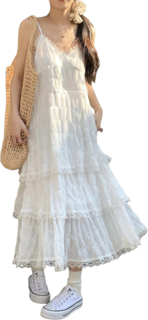 여성용 빅 사이즈 바캉스 레이스 끈 나시 롱원피스