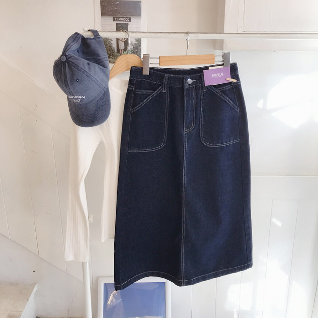 베이직 데일리 스티치 생지 데님 롱 스커트