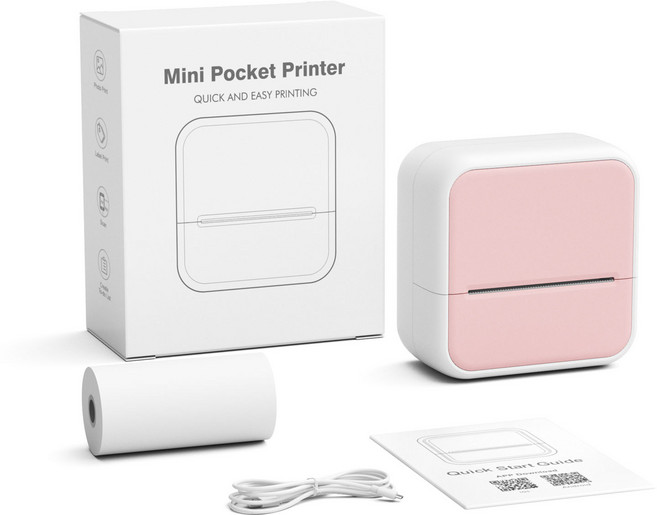 迷你口袋打印機 照片打印 標籤打印 熱敏打印機 無線藍牙連接, 粉色主機, 5cm