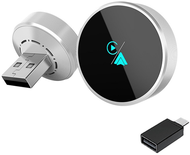 미니 무선 스마트 자동차 어댑터 애플 안드로이드 오토 2in1 원형 무선 차량용 미러링(화면전송) 어댑터, 은색, CA31