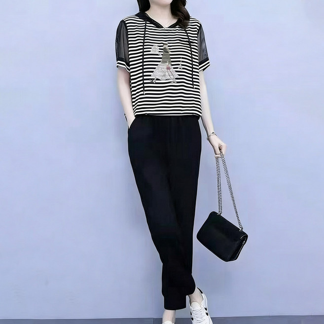 사입자몰 코단세트 반팔 여름 후드 티셔츠 면티 조거 밴딩 일자 바지 운동복 트레이닝복 여성 미시