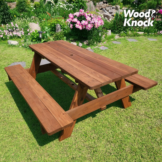 미엔우드 송진 없는 통원목 일체형 야외테이블 세트 야외용 평상 편의점 카페 피크닉 테이블, 오비스기 야외테이블, 4인 월넛색