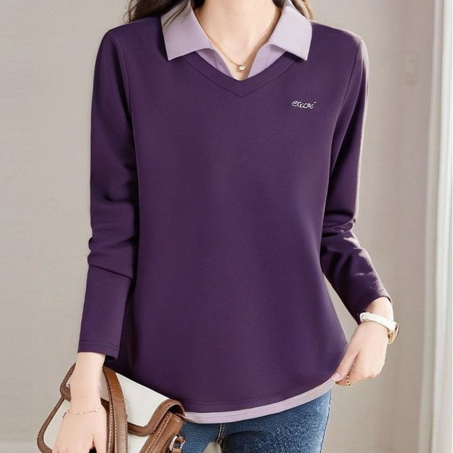 COSYEVNO 중년 여성 봄가을 V넥 이중카라 긴팔 티셔츠 TZKmmtx-4