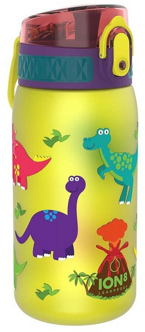 Ion8 누출 방지 아동용 물병 350ml/12온스 유니콘 - BPA 프리 냄새 방지 재활용 폴리머 원터치 플립 뚜껑 캐리 루프 빨대 없음 - 식기 세척기 사용 가능, 12oz / 350ml, Yellow Dinosaurs
