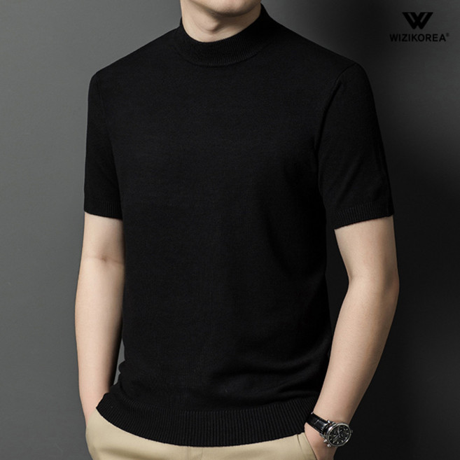 남성 모크넥 반팔 니트 울 반목 티셔츠 여름 하프넥 반폴라 슬림 댄디룩 WI017N