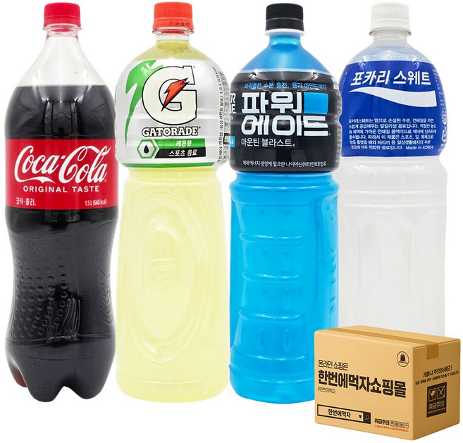 [한번에먹자] 탄산음료 이온음료 1.5L 혼합세트 / 코카콜라 + 게토레이 + 파워에이드 + 포카리 / 각1개씩 총4페트, 4개